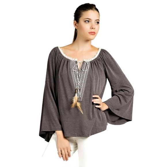 Kori Tops - Kori America Embroidered Bell Sleeve Knit Top, Charcoal